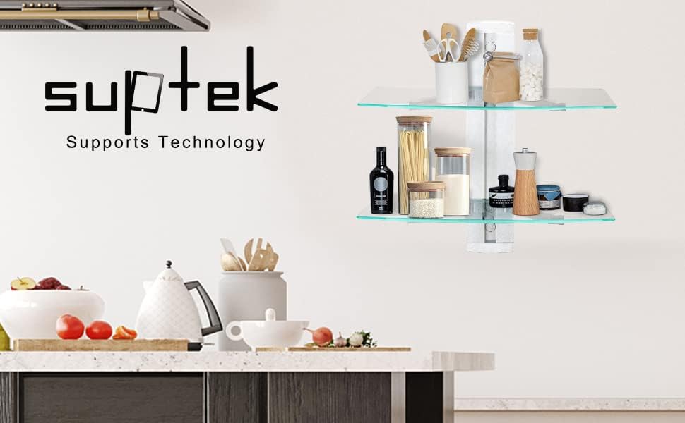 suptek 2 Tiers Glass Floating Shelves, Flat Black Wall Mount Bracket, AV Shel...
