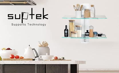 suptek 2 Tiers Glass Floating Shelves, Flat Black Wall Mount Bracket, AV Shelf - Image 7