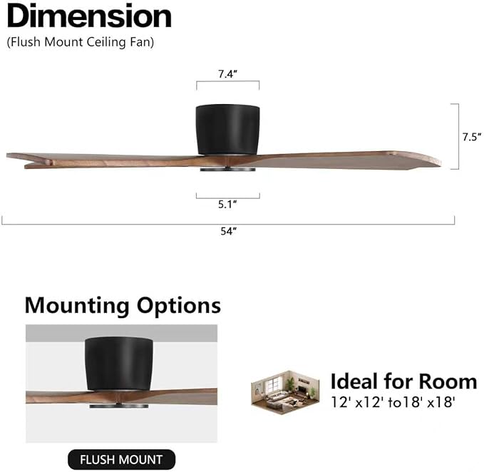 WINGBO 54" Flush Mount DC Ceiling Fans without Lights, 5 Carved Solid Wood - Image 4