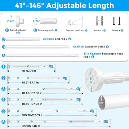 Extra Long Tension Curtain Rods 41-146 Inch, White, One-Click Heavy Duty | No Drilling Adjustable Outdoor Shower Tension Rod for Patio, Window, Living Room Divider, Bathroom, Non-Slip 1.26" Diameter