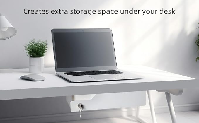 White Under Desk Drawer with Lock, Metal Hidden Storage - Image 8