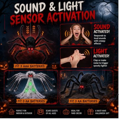 3 Pack 34" Halloween Animatronic Spiders Decor, Jumping Wriggling Climbing