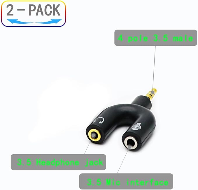 ZJKJHJY 2 Pack Headset Splitter Adapter, U Shape 3.5mm 4 Pole Male to 2 x 3 - Image 2