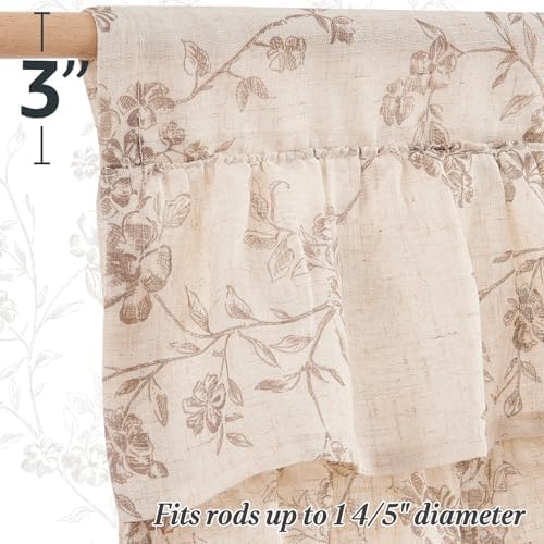 jinchan Alisa Ruffled Floral Valance Curtain 18 Inch 1 Panel Taupe on Linen | Linen blend, light filtering, rod pocket, shabby chic, farmhouse rustic, window treatment for kitchen bedroom living room