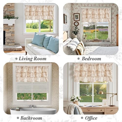 jinchan Alisa Ruffled Floral Valance Curtain 18 Inch 1 Panel Taupe on Linen | Linen blend, light filtering, rod pocket, shabby chic, farmhouse rustic, window treatment for kitchen bedroom living room