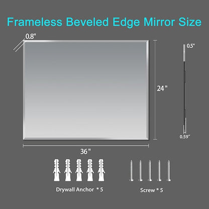 Frameless Beveled Edge Bathroom Mirror 36x24 Inch Rectangle Wall Mirror - Image 3