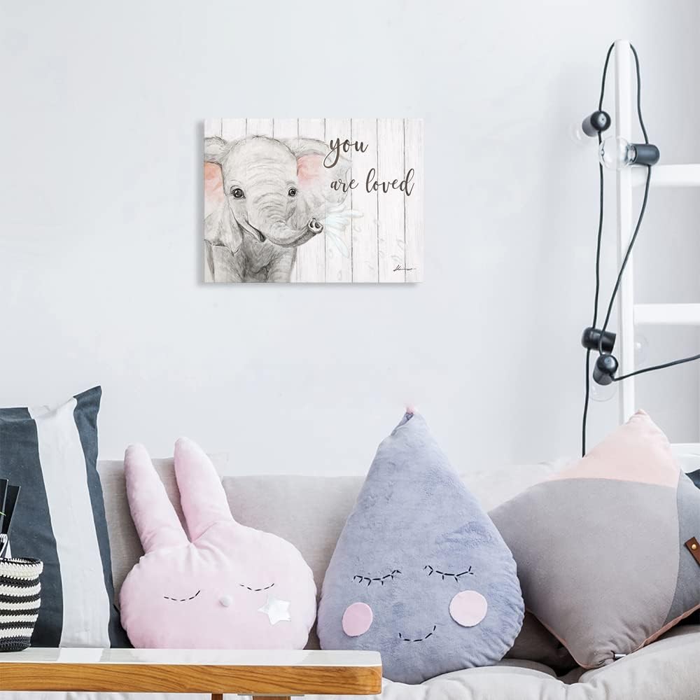 B BLINGBLING Elephant Nursery Canvas Wall Art: Blush Pink and Grey Baby Elephant Wall Art Prints You Are Loved Inspirational Quote Poster Cute Animal Picture for Baby Kids Room Decor Framed 16"x12"