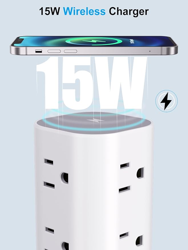 Power Strip Tower with Wireless Charger, Flat Plug Surge Protector Tower with - Image 4