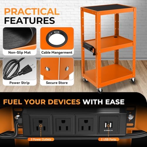 auto dynasty adjustable av cart w/power strip, 4, close-up detail