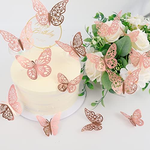 36 Pcs Butterfly Wall Decor, 3 Styles 3 Sizes 3D Rose Gold Butterfly, Wedding & Birthday Party Decorations, Girls Bedroom Decoration