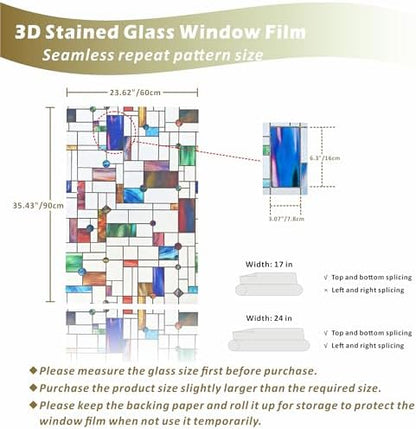 Stained Glass Window Film,16.9" x 78.7" 3D Decorative Static Cling Window Privacy Film,Non-Adhesive UV Blocking Heat Control Window Film (Simple Squares)