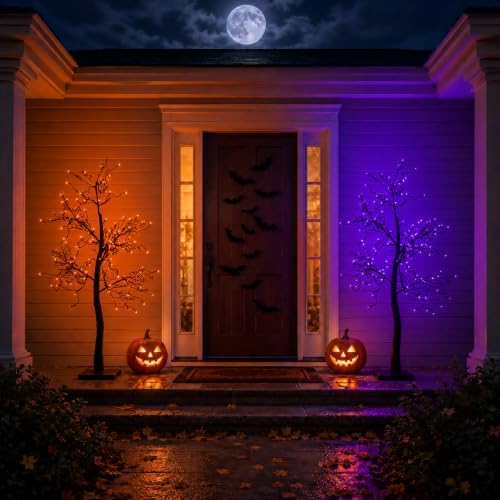 5FT Lighted Halloween Tree, 102 LED Dual Color Black Glitter Tree