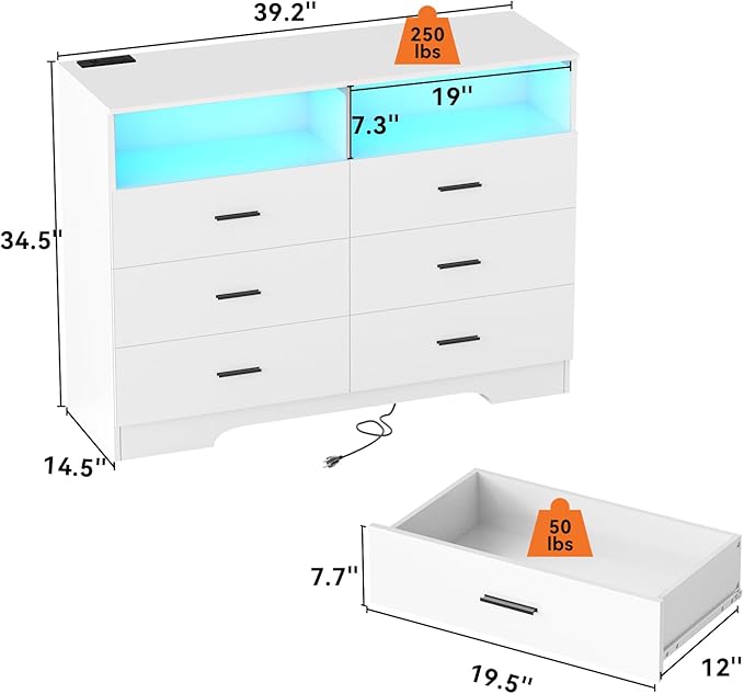 Dresser with Power Outlets and LED Lights Wooden 6 Drawer Dresser with Large - Image 3