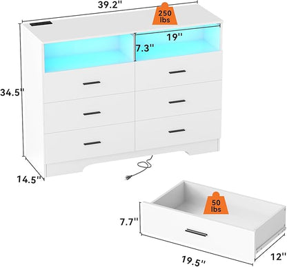 Dresser with Power Outlets and LED Lights Wooden 6 Drawer Dresser with Large - Image 3