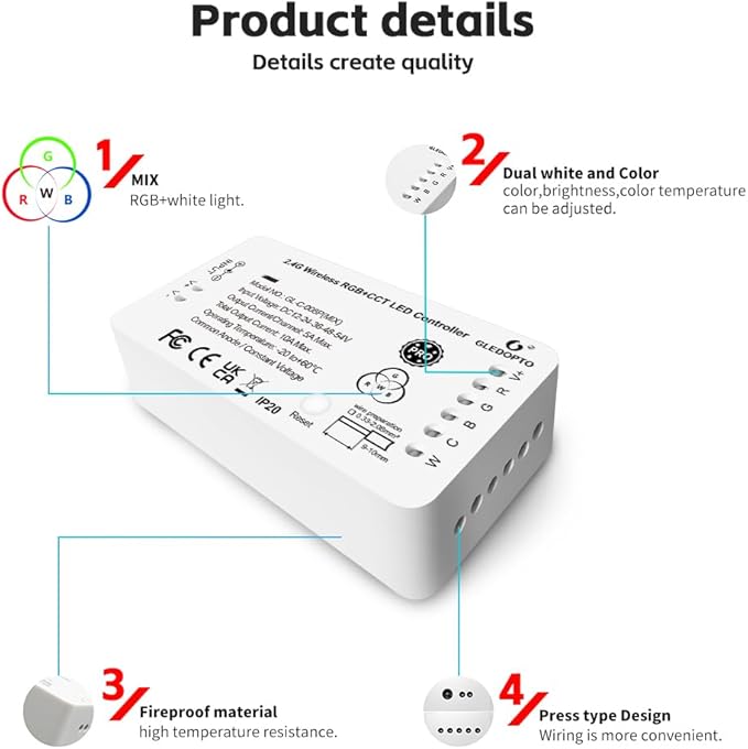 GLEDOPTO ZigBee 3.0 RGBCCT LED Strip Controller Pro RGB Color and Warm White - Image 8