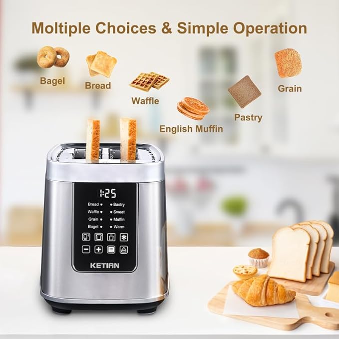 Smart Touch Screen Toaster 2 Slice, KETIAN Automatic Digital Stainless Steel - Image 3