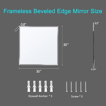 30x30 Inch Bathroom Mirror Frameless Beveled Edge Rectangle Wall Mirror - Image 4