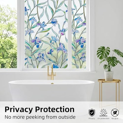 Coavas 3D Stained Glass Privacy Window Film, Static Cling, Blue 17.5"x39.4" | UV & Heat Blocking, Reusable No Adhesive, 3D Floral Pattern for Bathroom Kitchen Front Door Windows