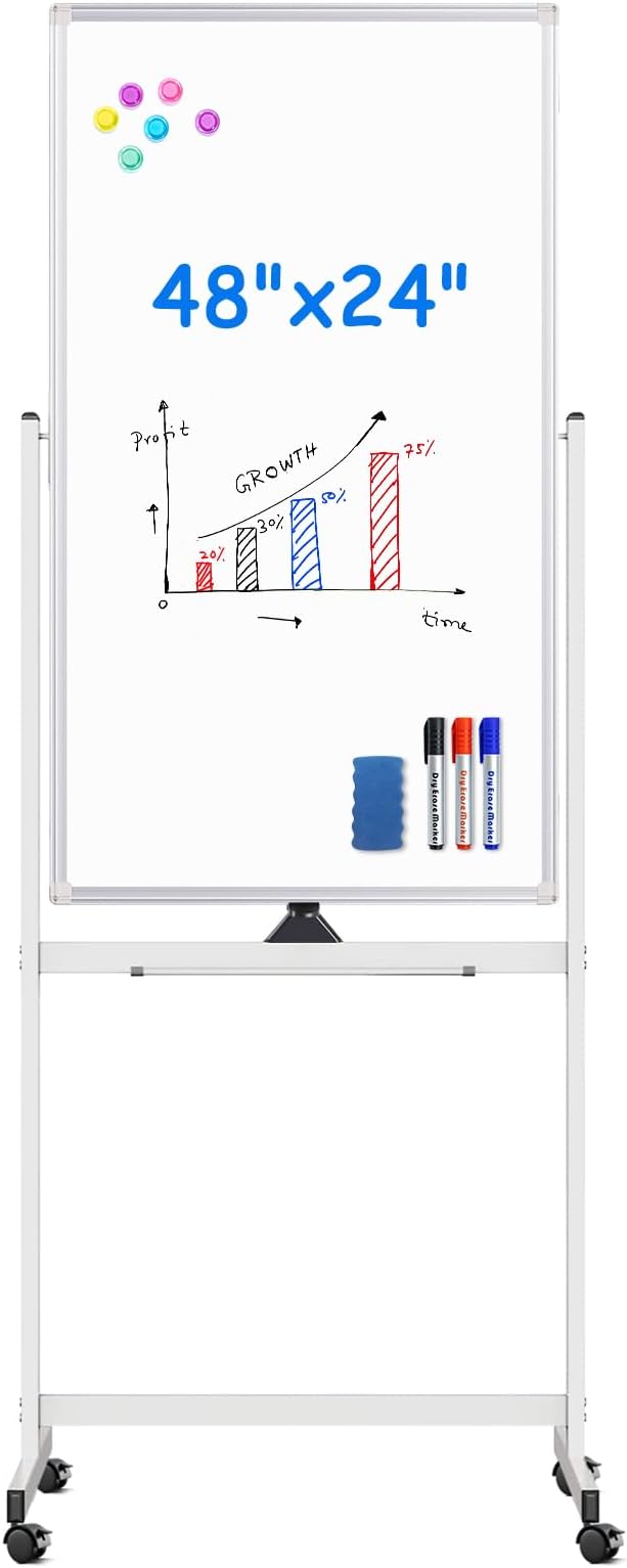 Magnetic Mobile White Board, 48 x 24 Double Sided Dry Erase Board Rolling by Maxtek
