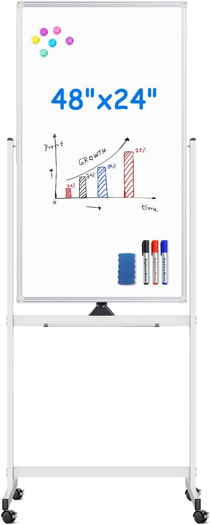 Magnetic Mobile White Board, 48 x 24 Double Sided Dry Erase Board Rolling by Maxtek
