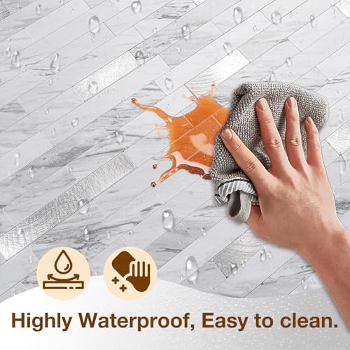 Peel and Stick Backsplash Tile Waterproof Removable PVC Wall Sticker 3D Faux Stone Marble Brick White Accent Panels (White Marble - Metal Silver, 20 Tiles - 9 sq. ft. (0.84 M²))