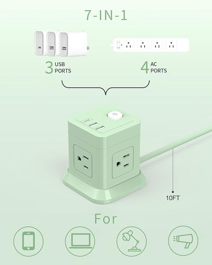 Cube Power Strip, FDTEK 4 Widely Spaced Outlet - 10FT Green - Image 2