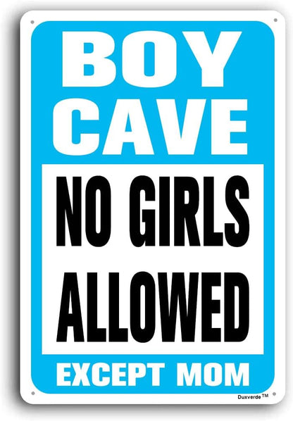 8"x12" Aluminum Sign, Boy Cave Signs No Girls Allowed Except Mom Sign, Blue Metal Sign for Little Man Cave Bedroom Living Room Wall Decor