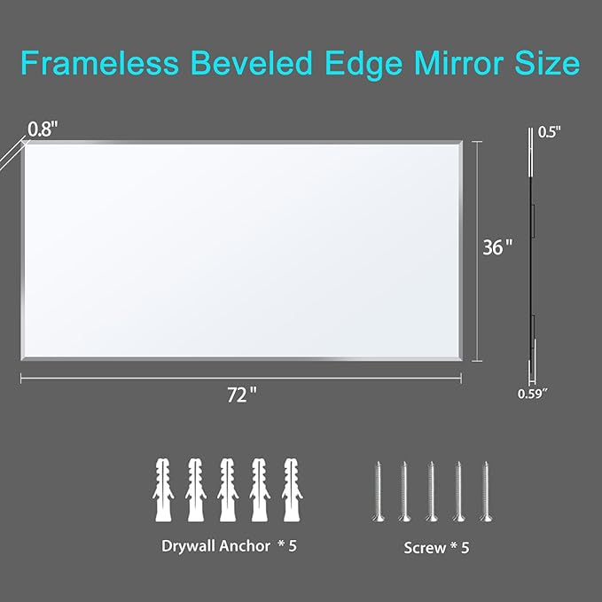 Frameless Beveled Edge Bathroom Mirror 36x72 Inch Rectangle Wall Mirror - Image 3