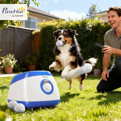 pawhut automatic dog ball launcher remote control for shown in use