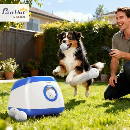 pawhut automatic dog ball launcher remote control for shown in use