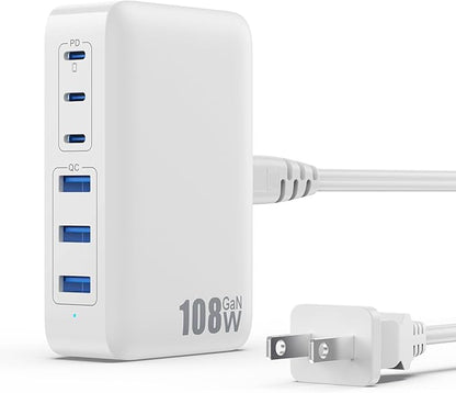USB C Charger Block Charging Station, 108W GaN III 6 Port 3xQC+3xPD Wall by GKUTW