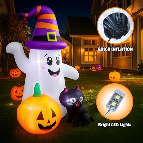 5FT Cute Halloween Inflatables Ghost, Blow Up Wizard Ghost with Pumpkin Black...
