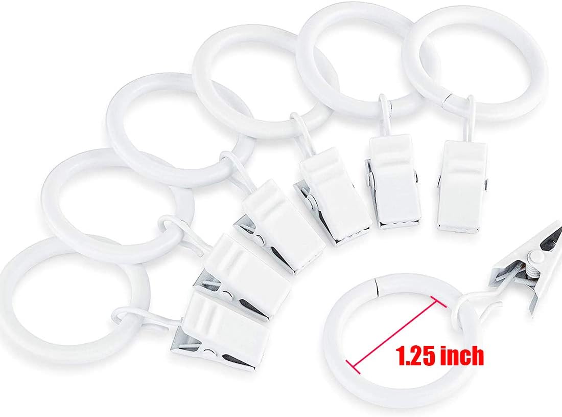 KAIY Set of 14 Curtain Rings with Clips 1.25 Inch White Iron Metal | Curtain Rod Rings with Clips for Drapes, Drapery Ring for Baby Clothes, Baby Pants Hangers, Interior Diameter