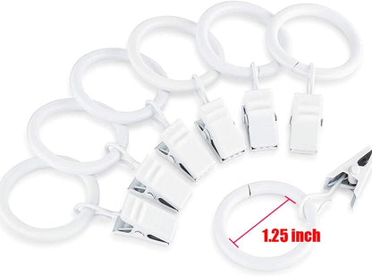 KAIY Set of 14 Curtain Rings with Clips 1.25 Inch White Iron Metal | Curtain Rod Rings with Clips for Drapes, Drapery Ring for Baby Clothes, Baby Pants Hangers, Interior Diameter