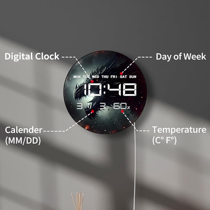 Timethink 12 Inch Evil Dragon LED Digital Wall Clock Large Display, Dark - Image 3