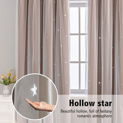 indistar Star Cutout Kids Window Blackout Curtains for Girl Bedroom Window Room Darkening Curtains & Drapes Baby Nursery Curtains (2 Panel,52Wx72L inch,Coffee)