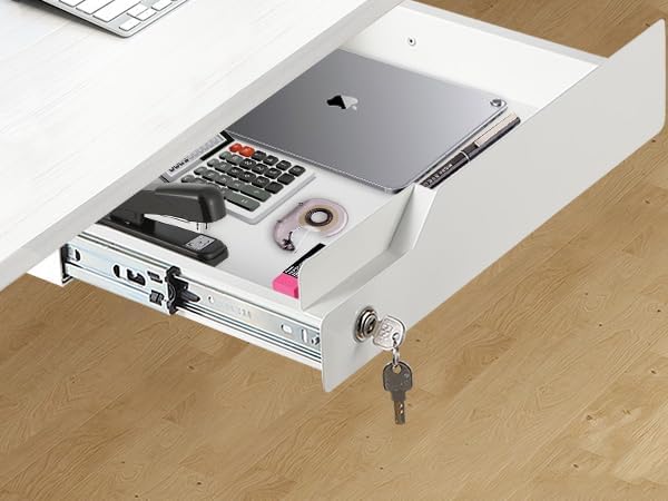 White Under Desk Drawer with Lock, Metal Hidden Storage - Image 7
