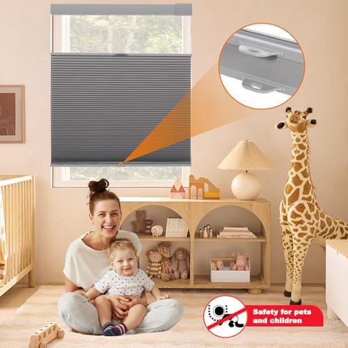 Persilux No Drill Blackout Cellular Shades for Windows,Grey,34.5" w x 64" h | Top Down Bottom Up Honeycomb No Tools Cordless Blinds,Easy to Install Cellular Blinds for Indoor Windows