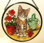 Decorative Hand Printed Stained Glass Window Sun Catcher/Roundel in a Kitten and Geraniums Design