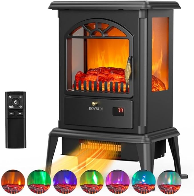 ROVSUN 1500W Electric Fireplace Stove, 22.4" H Freestanding Heater w/Remote by ROVSUN