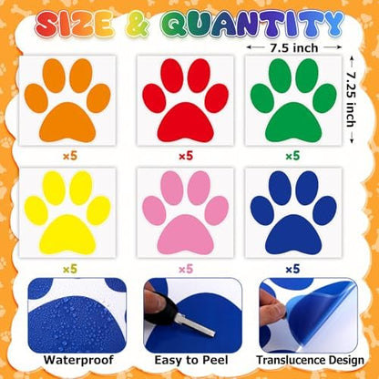 ReliThick 30 Pcs Large Paw Print Floor Decals Wall Clings Window Stickers | Self Adhesivereusable Multicolor Vinyl Paw Print Decals, 7.6 Inch Dog Footprint for Bedroom, Living Room Home Wall Decoration