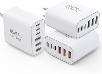 3 Pack 65W GaN Type C Wall Charger Block, 6-Port Fast Charging Block, PD USB C by Kruidvat