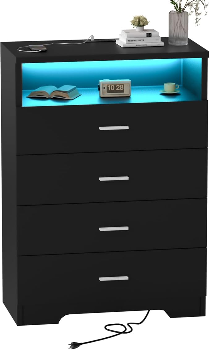 Dresser with Power Outlets and LED Lights Wooden 4 Drawer Dresser with Large by FJTJBSI