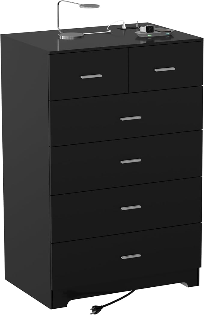 Dresser with Power Outlets Wooden 6 Drawer Dresser with Large Organizer Black - Image 4
