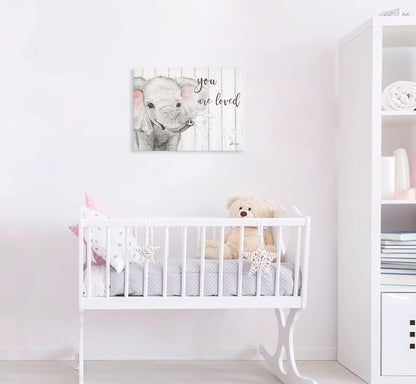 B BLINGBLING Elephant Nursery Canvas Wall Art: Blush Pink and Grey Baby Elephant Wall Art Prints You Are Loved Inspirational Quote Poster Cute Animal Picture for Baby Kids Room Decor Framed 16"x12"