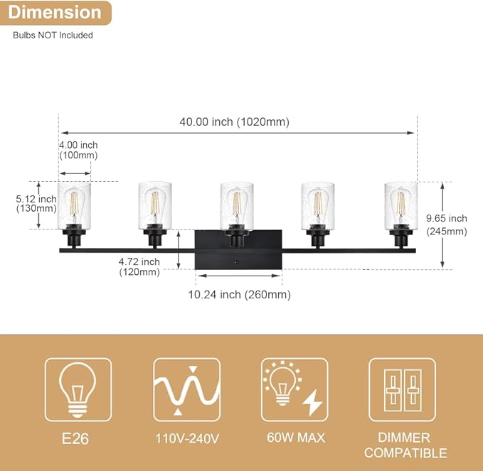 WINSHEN 40 Inches Length Black Bathroom Lighting Fixtures, 5-Light Modern - Image 4