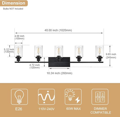 WINSHEN 40 Inches Length Black Bathroom Lighting Fixtures, 5-Light Modern - Image 4