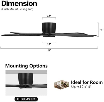 WINGBO 48" Flush Mount DC Ceiling Fans Without Lights, 5 Carved Solid Wood - Image 4