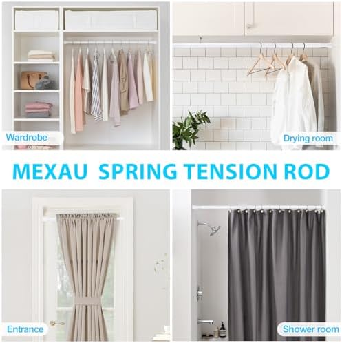 MEXAU Tension Curtain Rod for Windows 28 to 48 In, White | No Drilling Expandable Adjustable Spring Loaded Tension For Doorway Closet Kitchen Bathroom Bedroom 7/8 Inch Diameter