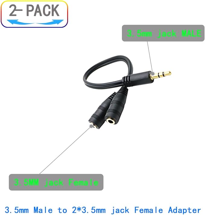 Headphone Splitter for 2 Headphones 2 Way 3.5mm Adapter Aux Cable Mini Jack - Image 2